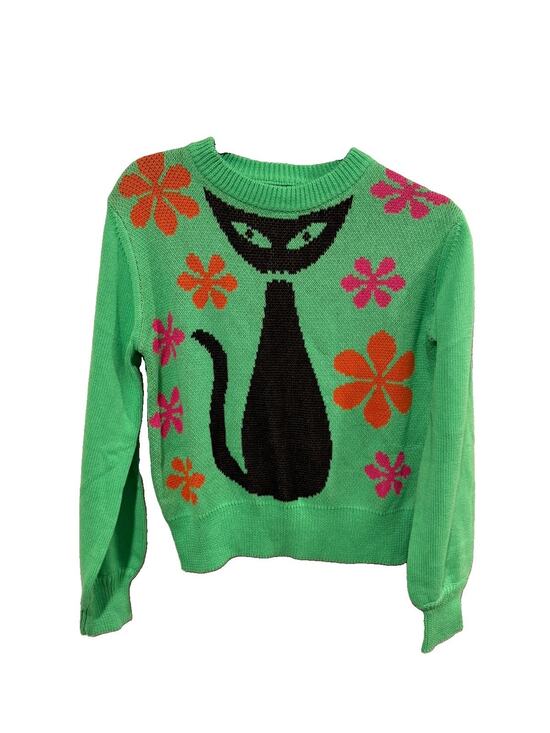Oxknit Sweaters - Oxknit Women’s Green Sweater Cat And Floral Design Size Small NWT